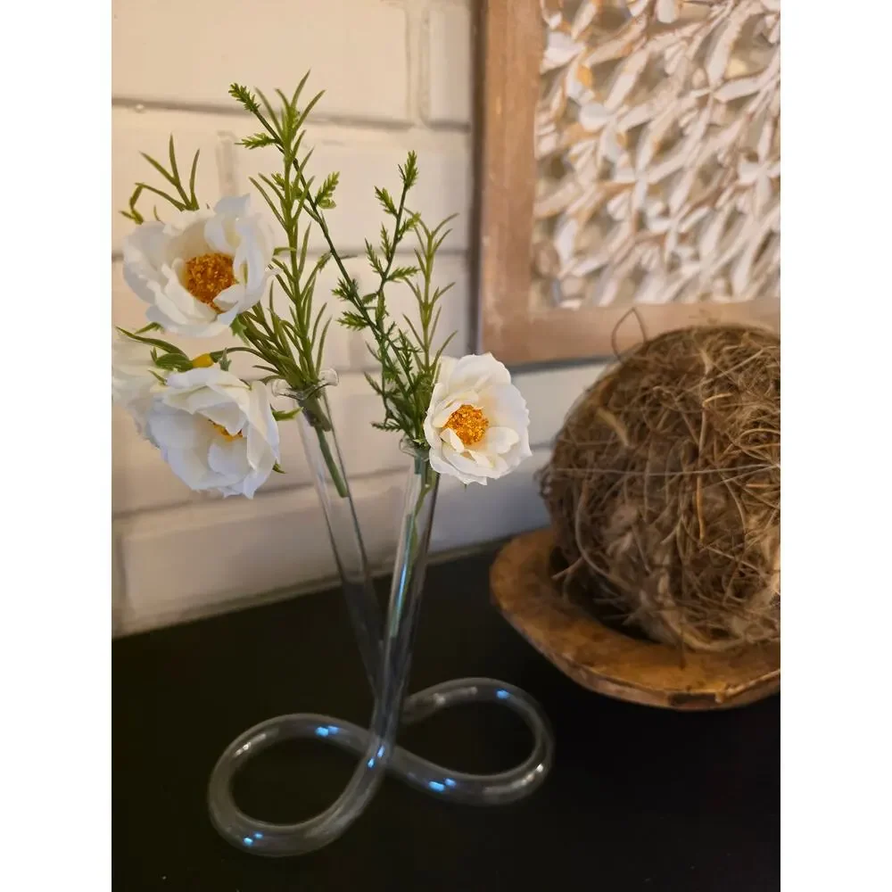 VTG 1980s Clear Glass Loop-Base Bud Vase Nostalgia Minimalist Retro Decor EUC